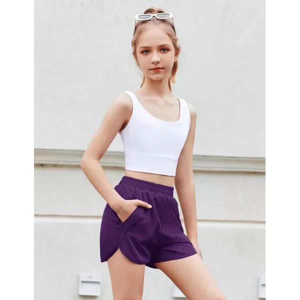 Zaclotre Girls Athletic Shorts with Zipper Pockets High Waisted Running Shorts Soccer Gym Sports Active Short for KidsPurple