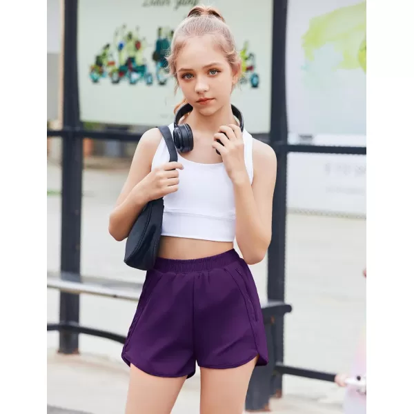 Zaclotre Girls Athletic Shorts with Zipper Pockets High Waisted Running Shorts Soccer Gym Sports Active Short for KidsPurple