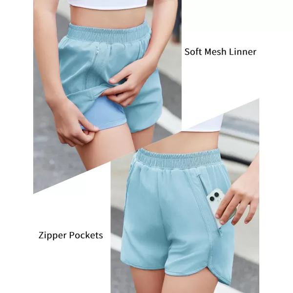 Zaclotre Girls Athletic Shorts with Zipper Pockets High Waisted Running Shorts Soccer Gym Sports Active Short for KidsSky Blue