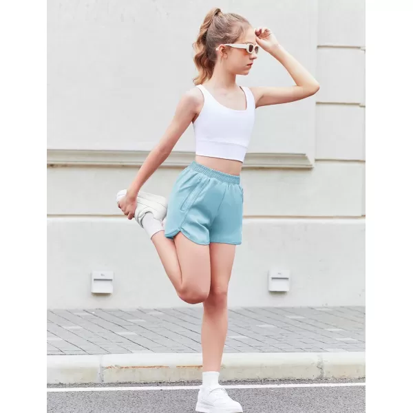 Zaclotre Girls Athletic Shorts with Zipper Pockets High Waisted Running Shorts Soccer Gym Sports Active Short for KidsSky Blue