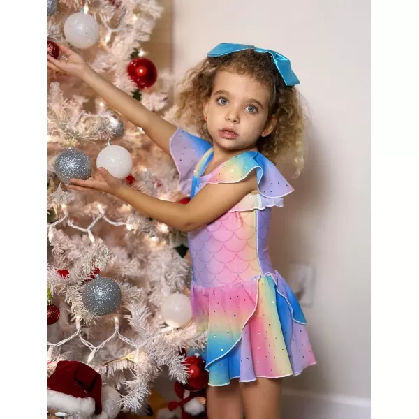Zaclotre Girls Ballet Leotards Ruffle Sleeve Sparkle Dance Leotard Toddler Ballerina Dress OutfitsRainbow Mermaid