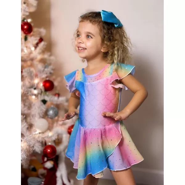 Zaclotre Girls Ballet Leotards Ruffle Sleeve Sparkle Dance Leotard Toddler Ballerina Dress OutfitsRainbow Mermaid