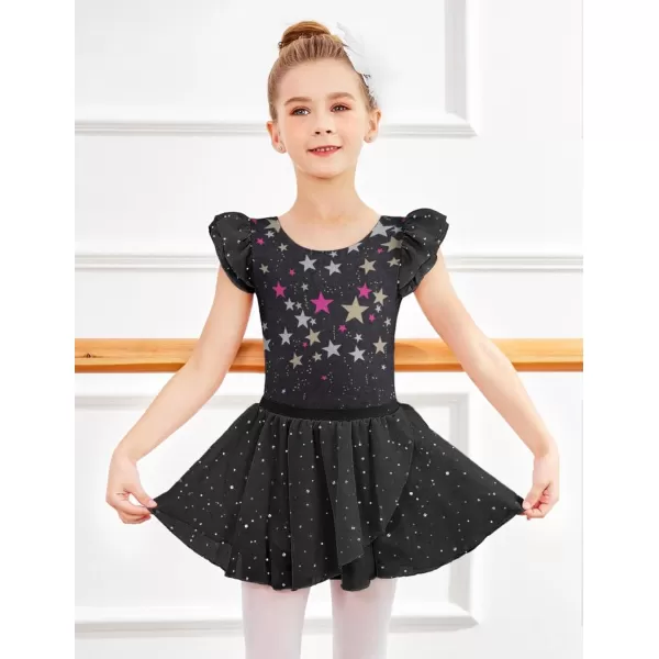 Zaclotre Girls Ballet Leotards Toddler Ruffle Sleeve Bow Back Dance Outfits Leotard with Removable Shinny Skirt ComboBlack Star