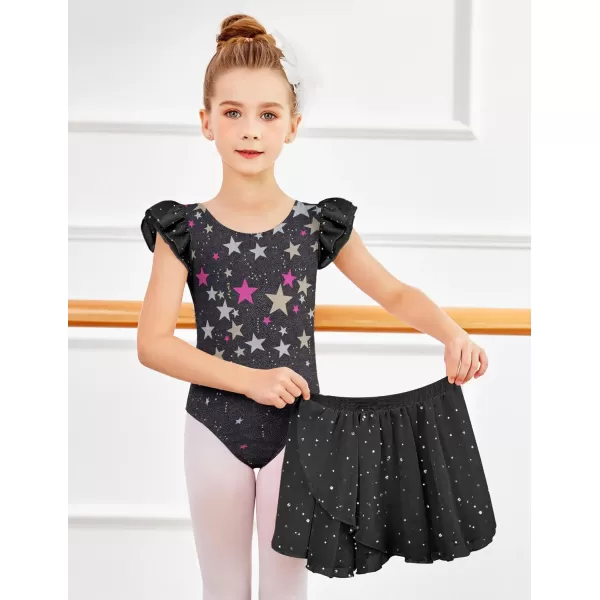 Zaclotre Girls Ballet Leotards Toddler Ruffle Sleeve Bow Back Dance Outfits Leotard with Removable Shinny Skirt ComboBlack Star