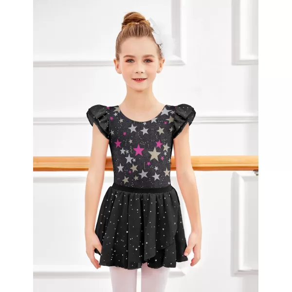 Zaclotre Girls Ballet Leotards Toddler Ruffle Sleeve Bow Back Dance Outfits Leotard with Removable Shinny Skirt ComboBlack Star