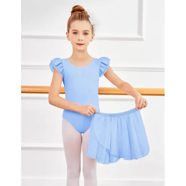 Zaclotre Girls Ballet Leotards Toddler Ruffle Sleeve Bow Back Dance Outfits Leotard with Removable Shinny Skirt ComboBlue