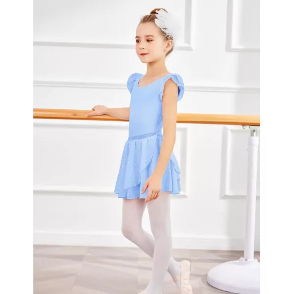 Zaclotre Girls Ballet Leotards Toddler Ruffle Sleeve Bow Back Dance Outfits Leotard with Removable Shinny Skirt ComboBlue