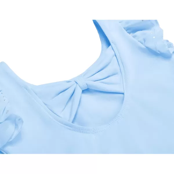 Zaclotre Girls Ballet Leotards Toddler Ruffle Sleeve Bow Back Dance Outfits Leotard with Removable Shinny Skirt ComboBlue