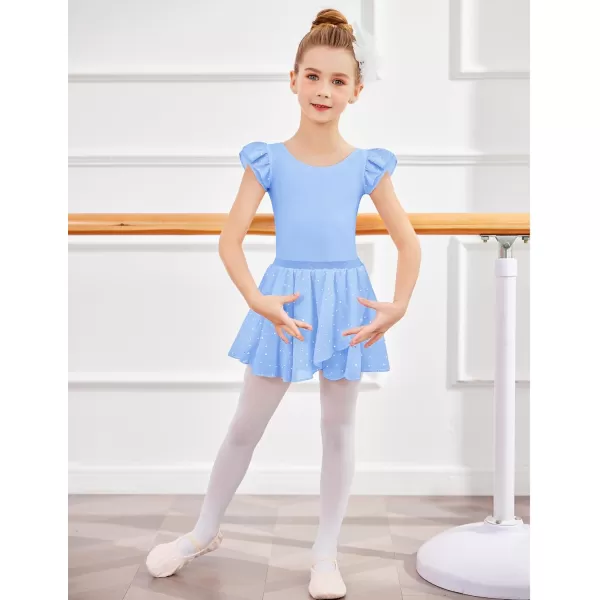Zaclotre Girls Ballet Leotards Toddler Ruffle Sleeve Bow Back Dance Outfits Leotard with Removable Shinny Skirt ComboBlue