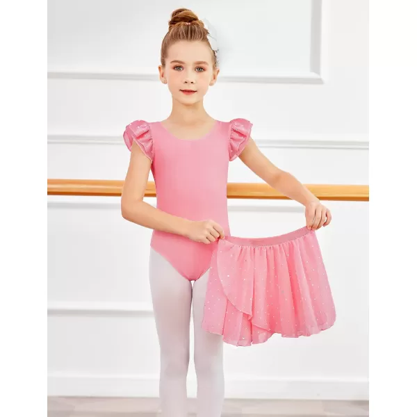 Zaclotre Girls Ballet Leotards Toddler Ruffle Sleeve Bow Back Dance Outfits Leotard with Removable Shinny Skirt ComboDark Pink