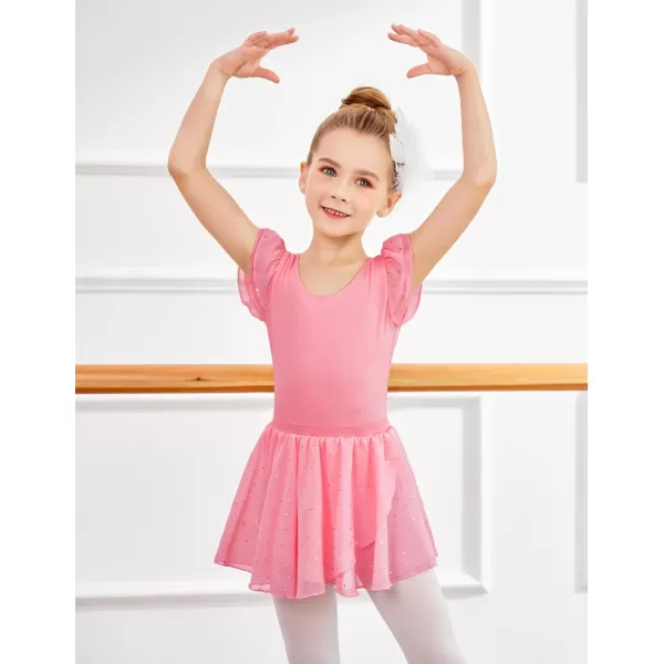 Zaclotre Girls Ballet Leotards Toddler Ruffle Sleeve Bow Back Dance Outfits Leotard with Removable Shinny Skirt ComboDark Pink