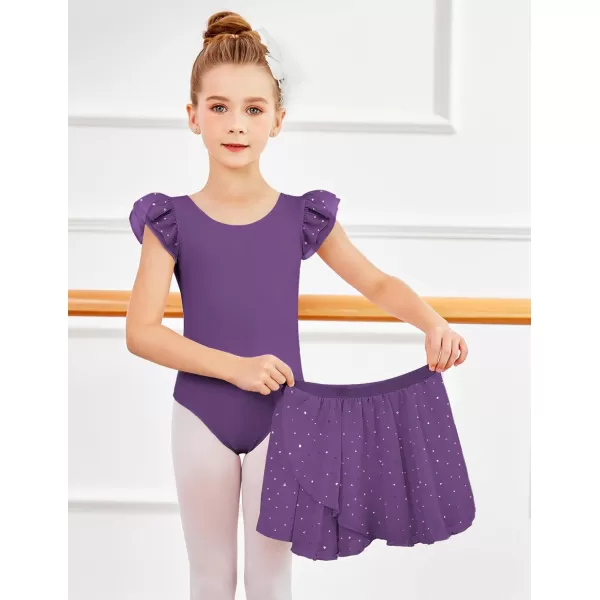 Zaclotre Girls Ballet Leotards Toddler Ruffle Sleeve Bow Back Dance Outfits Leotard with Removable Shinny Skirt ComboDark Purple
