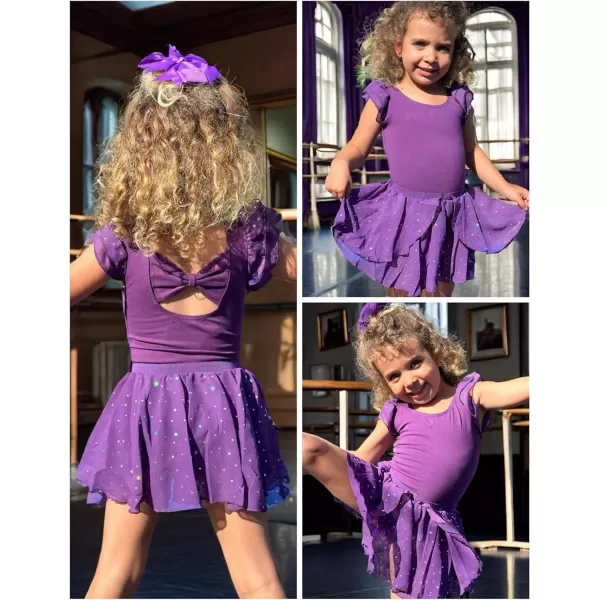 Zaclotre Girls Ballet Leotards Toddler Ruffle Sleeve Bow Back Dance Outfits Leotard with Removable Shinny Skirt ComboDark Purple