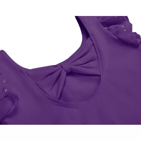 Zaclotre Girls Ballet Leotards Toddler Ruffle Sleeve Bow Back Dance Outfits Leotard with Removable Shinny Skirt ComboDark Purple