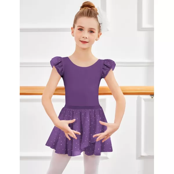 Zaclotre Girls Ballet Leotards Toddler Ruffle Sleeve Bow Back Dance Outfits Leotard with Removable Shinny Skirt ComboDark Purple