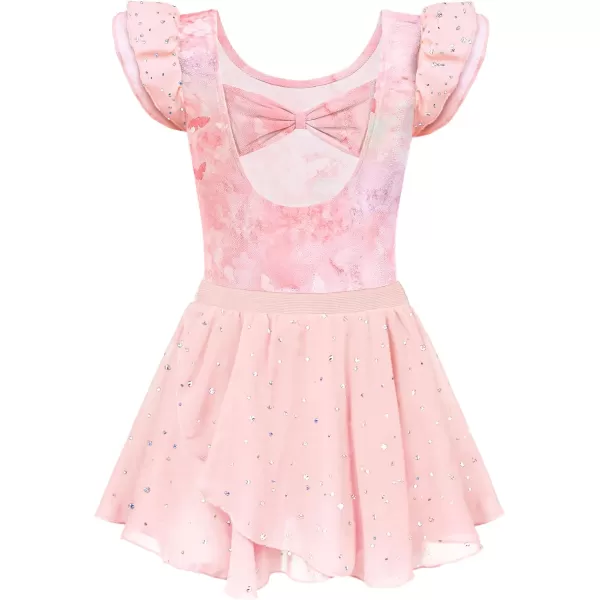 Zaclotre Girls Ballet Leotards Toddler Ruffle Sleeve Bow Back Dance Outfits Leotard with Removable Shinny Skirt ComboPink Tie Dye