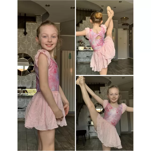 Zaclotre Girls Ballet Leotards Toddler Ruffle Sleeve Bow Back Dance Outfits Leotard with Removable Shinny Skirt ComboPink Tie Dye