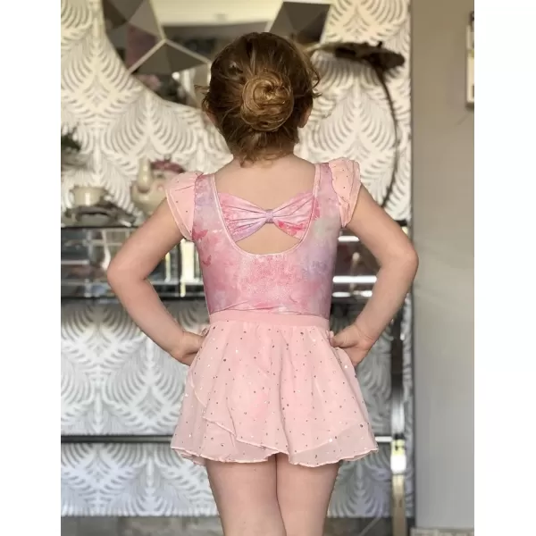 Zaclotre Girls Ballet Leotards Toddler Ruffle Sleeve Bow Back Dance Outfits Leotard with Removable Shinny Skirt ComboPink Tie Dye