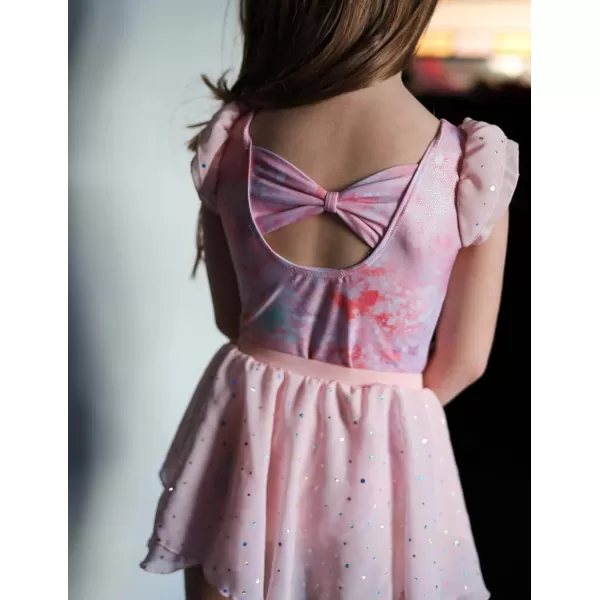 Zaclotre Girls Ballet Leotards Toddler Ruffle Sleeve Bow Back Dance Outfits Leotard with Removable Shinny Skirt ComboPink Tie Dye