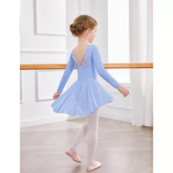 Zaclotre Girls Ballet Leotards with Shinny Skirts Long Sleeve Crisscross Back Dance Dress OutfitsBlue