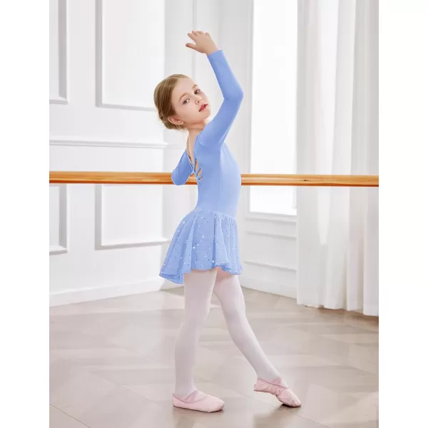 Zaclotre Girls Ballet Leotards with Shinny Skirts Long Sleeve Crisscross Back Dance Dress OutfitsBlue