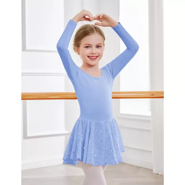 Zaclotre Girls Ballet Leotards with Shinny Skirts Long Sleeve Crisscross Back Dance Dress OutfitsBlue