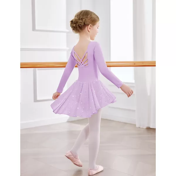 Zaclotre Girls Ballet Leotards with Shinny Skirts Long Sleeve Crisscross Back Dance Dress OutfitsLilac