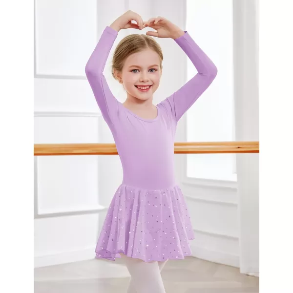 Zaclotre Girls Ballet Leotards with Shinny Skirts Long Sleeve Crisscross Back Dance Dress OutfitsLilac
