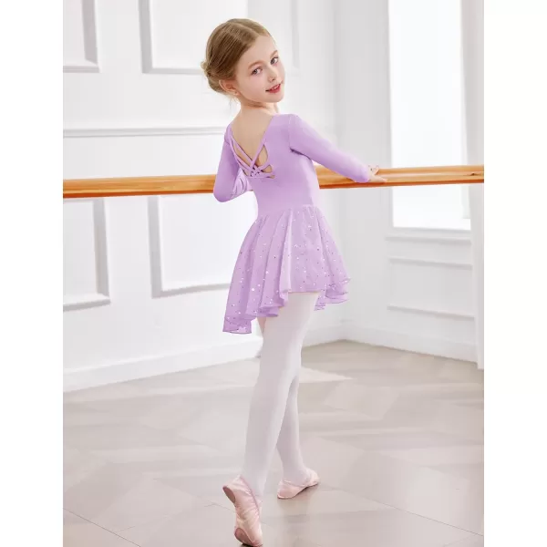 Zaclotre Girls Ballet Leotards with Shinny Skirts Long Sleeve Crisscross Back Dance Dress OutfitsLilac