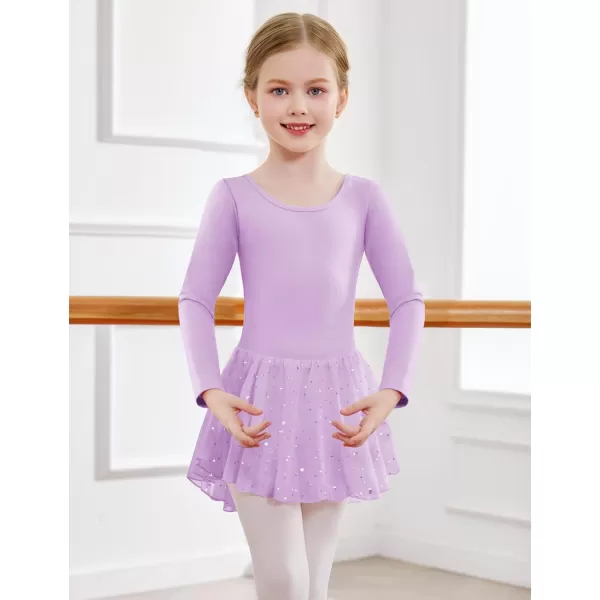 Zaclotre Girls Ballet Leotards with Shinny Skirts Long Sleeve Crisscross Back Dance Dress OutfitsLilac