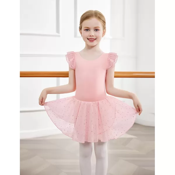 Zaclotre Girls Ruffle Sleeve Ballet Leotards with Skirt Crisscross Back Shiny Dance Leotard Toddler size 311Ballet Pink