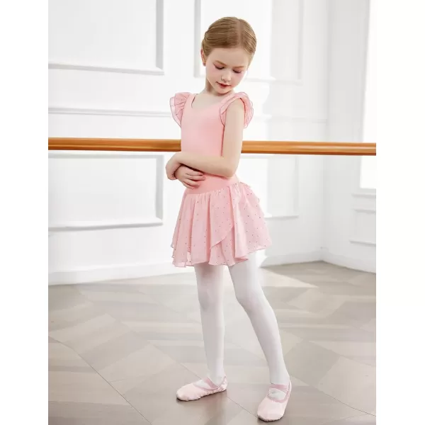 Zaclotre Girls Ruffle Sleeve Ballet Leotards with Skirt Crisscross Back Shiny Dance Leotard Toddler size 311Ballet Pink