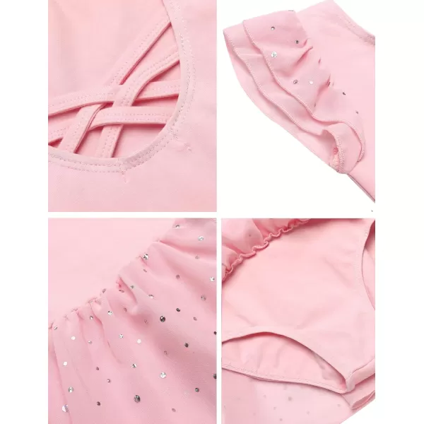Zaclotre Girls Ruffle Sleeve Ballet Leotards with Skirt Crisscross Back Shiny Dance Leotard Toddler size 311Ballet Pink