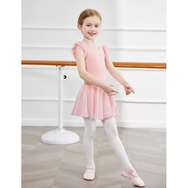 Zaclotre Girls Ruffle Sleeve Ballet Leotards with Skirt Crisscross Back Shiny Dance Leotard Toddler size 311Ballet Pink