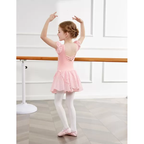 Zaclotre Girls Ruffle Sleeve Ballet Leotards with Skirt Crisscross Back Shiny Dance Leotard Toddler size 311Ballet Pink