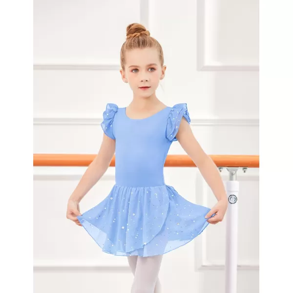 Zaclotre Girls Ruffle Sleeve Ballet Leotards with Skirt Crisscross Back Shiny Dance Leotard Toddler size 311Blue