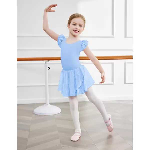 Zaclotre Girls Ruffle Sleeve Ballet Leotards with Skirt Crisscross Back Shiny Dance Leotard Toddler size 311Blue