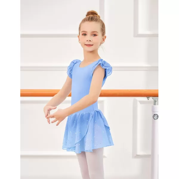 Zaclotre Girls Ruffle Sleeve Ballet Leotards with Skirt Crisscross Back Shiny Dance Leotard Toddler size 311Blue