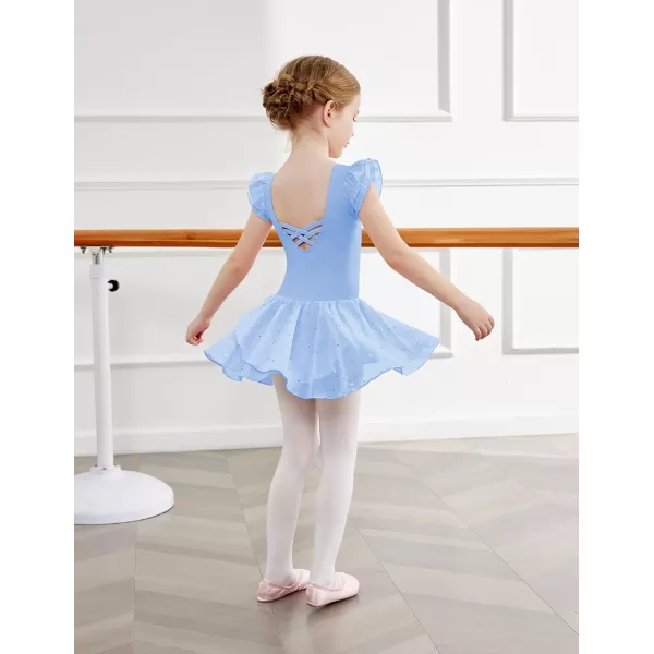 Zaclotre Girls Ruffle Sleeve Ballet Leotards with Skirt Crisscross Back Shiny Dance Leotard Toddler size 311Blue
