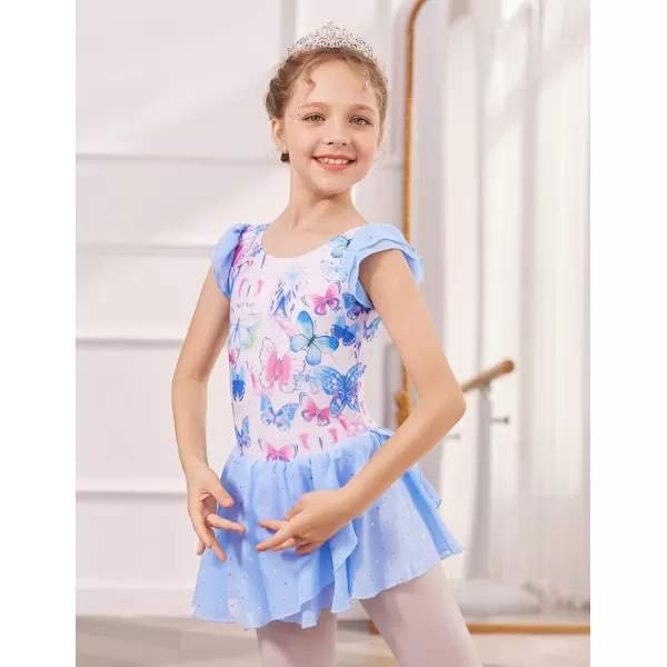 Zaclotre Girls Ruffle Sleeve Ballet Leotards with Skirt Crisscross Back Shiny Dance Leotard Toddler size 311Butterfly