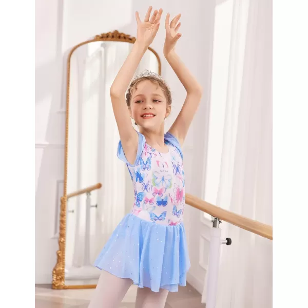 Zaclotre Girls Ruffle Sleeve Ballet Leotards with Skirt Crisscross Back Shiny Dance Leotard Toddler size 311Butterfly