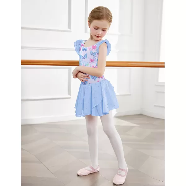 Zaclotre Girls Ruffle Sleeve Ballet Leotards with Skirt Crisscross Back Shiny Dance Leotard Toddler size 311Butterfly