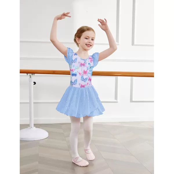 Zaclotre Girls Ruffle Sleeve Ballet Leotards with Skirt Crisscross Back Shiny Dance Leotard Toddler size 311Butterfly