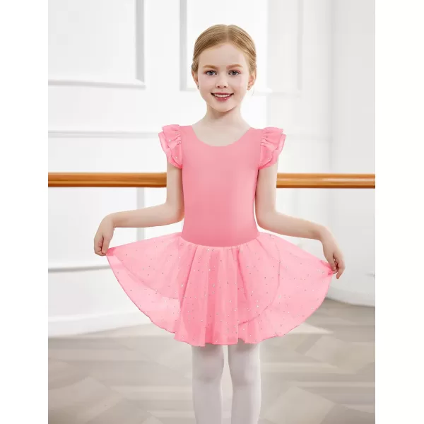 Zaclotre Girls Ruffle Sleeve Ballet Leotards with Skirt Crisscross Back Shiny Dance Leotard Toddler size 311Dark Pink