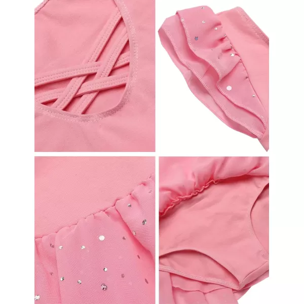 Zaclotre Girls Ruffle Sleeve Ballet Leotards with Skirt Crisscross Back Shiny Dance Leotard Toddler size 311Dark Pink