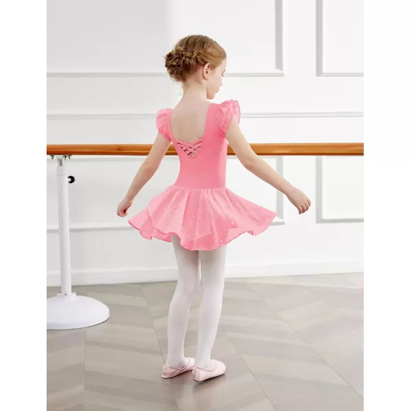 Zaclotre Girls Ruffle Sleeve Ballet Leotards with Skirt Crisscross Back Shiny Dance Leotard Toddler size 311Dark Pink