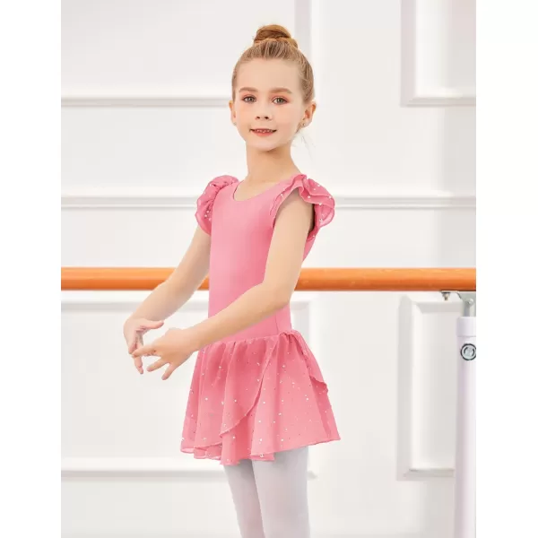 Zaclotre Girls Ruffle Sleeve Ballet Leotards with Skirt Crisscross Back Shiny Dance Leotard Toddler size 311Dark Pink