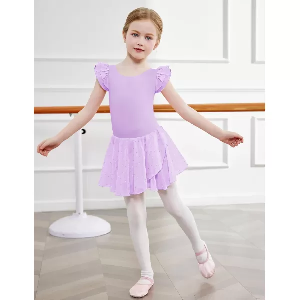 Zaclotre Girls Ruffle Sleeve Ballet Leotards with Skirt Crisscross Back Shiny Dance Leotard Toddler size 311Lilac