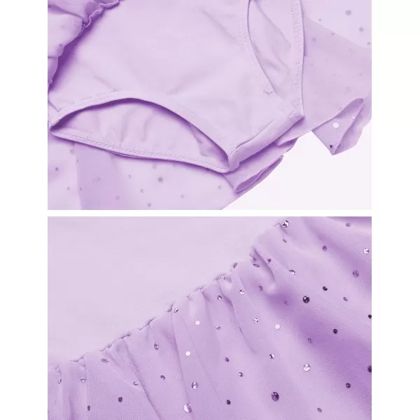 Zaclotre Girls Ruffle Sleeve Ballet Leotards with Skirt Crisscross Back Shiny Dance Leotard Toddler size 311Lilac