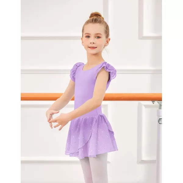 Zaclotre Girls Ruffle Sleeve Ballet Leotards with Skirt Crisscross Back Shiny Dance Leotard Toddler size 311Lilac
